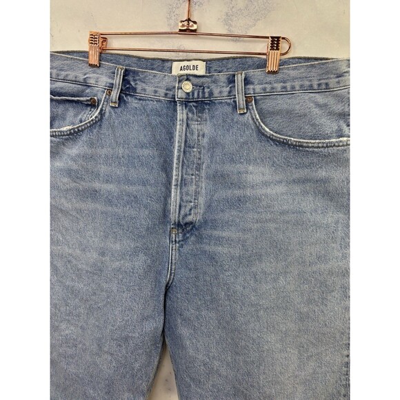 Agolde 90s Denim Shorts Marquee Blue Womens Size 34 Raw Hem long Retro High rise - Picture 13 of 16